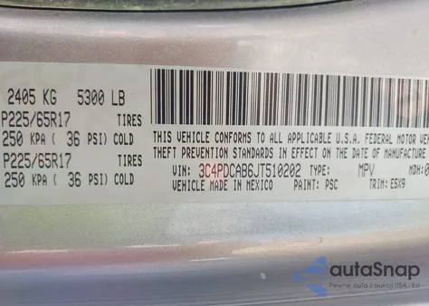 2018 Dodge Journey Se from USA, damaged, VIN 3C4PDCAB6JT510202